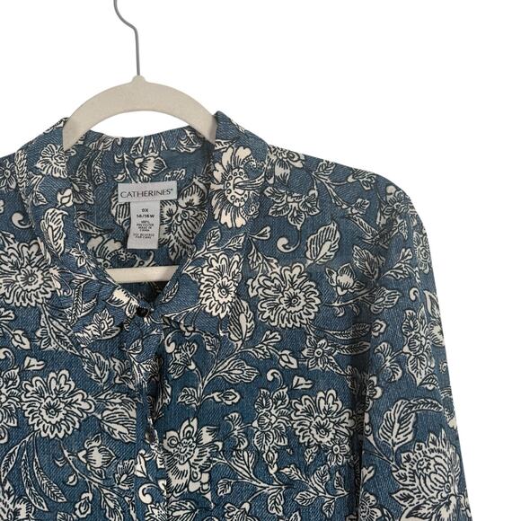 Catherines Blue Floral Sheer Button Front Dress Preppy Womens Plus 0x 14/16W - Picture 2 of 6